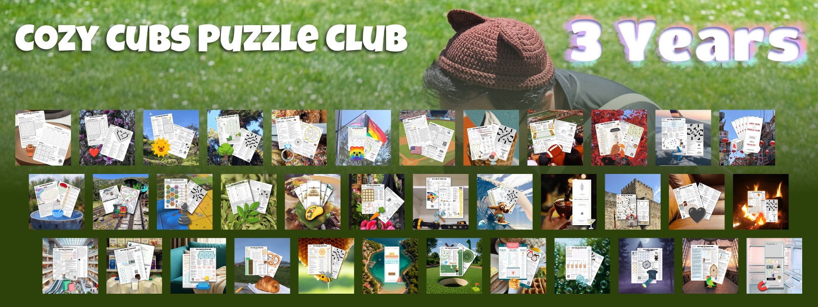 Collage of Three Years of Cozy Cubs issues over a scene from Golden Gate Park